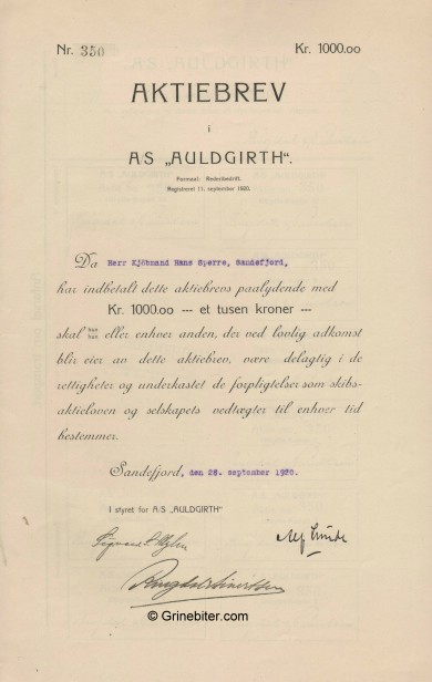Auldgirth A/S Stock Certificate Aksjebrev