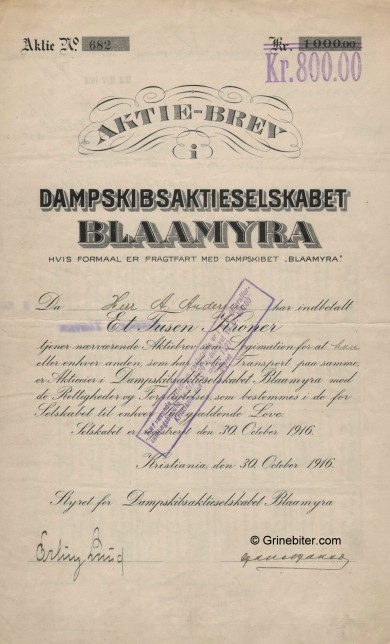 Blaamyra DS A/S Stock Certificate Aksjebrev