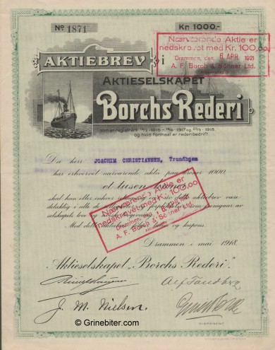 Borchs Rederi A/S Stock Certificate Aksjebrev