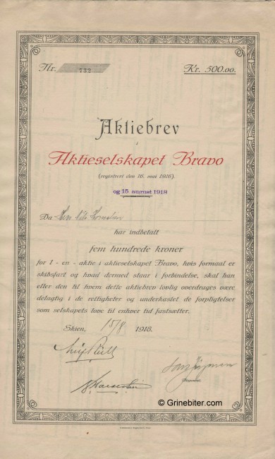 Bravo A/S Stock Certificate Aksjebrev