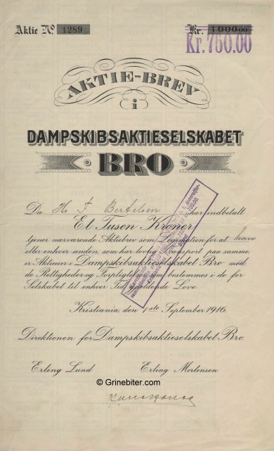 Bro D/S A/S Stock Certificate Aksjebrev
