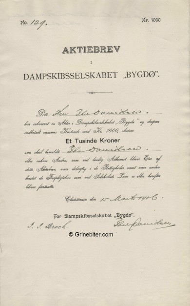 Bygdø D/S A/S Stock Certificate Aksjebrev