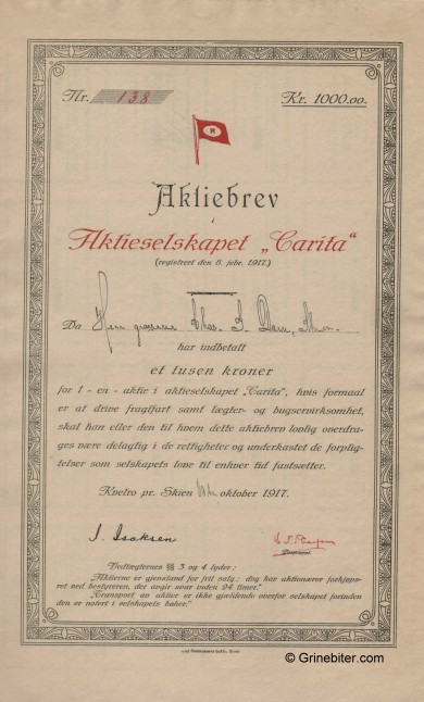 Carita A/S Stock Certificate Aksjebrev