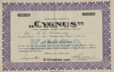 Cygnus Skibsaktieselskab Stock Certificate Aksjebrev