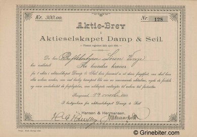 Damp & Seil A/S Stock Certificate Aksjebrev