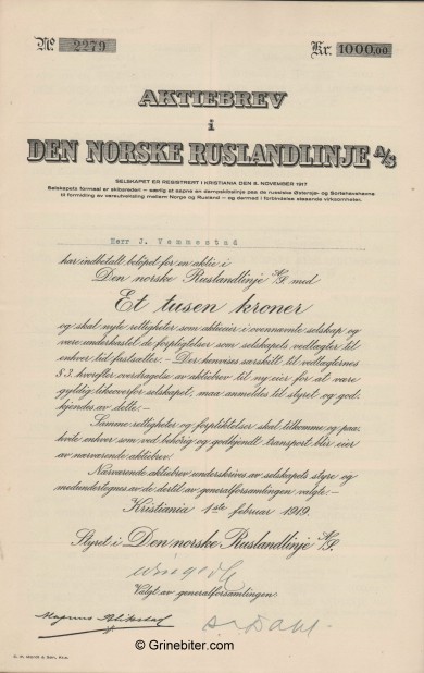 Den Norske RuslandsLinje Stock Certificate Aksjebrev