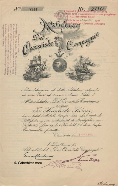 Det Oversøiske Compagnie Stock Certificate Aksjebrev