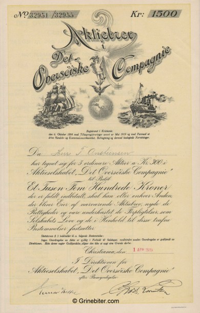 Det Oversøiske Compagnie Stock Certificate Aksjebrev