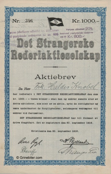 Det Strangerske Rederi Stock Certificate Aksjebrev