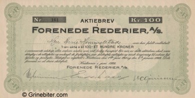 Forenede Rederier A/S Stock Certificate Aksjebrev