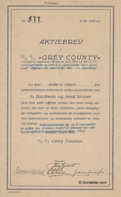 Grey County D/S A/S Stock Certificate Aksjebrev