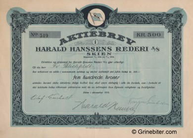 Harald Hanssens Rederi Stock Certificate Aksjebrev