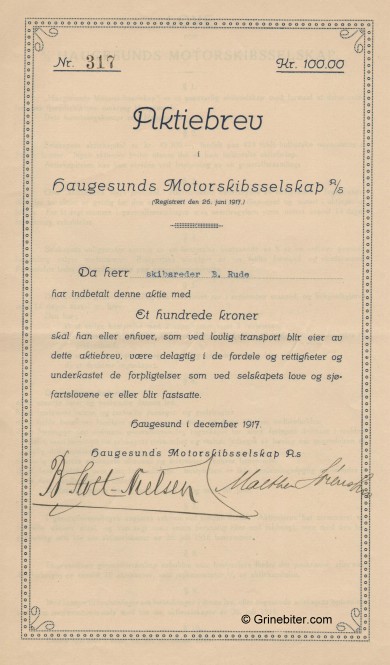 Haugesunds Motorskibsselskap A/S Stock Certificate Aksjebrev