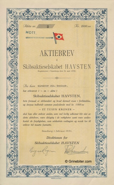 Havsten Skibsaktieselskab Stock Certificate Aksjebrev