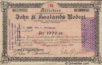 John K. Haalands Rederi Stock Certificate Aksjebrev