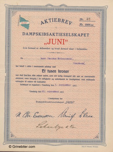 Juni D/S A/S Stock Certificate Aksjebrev