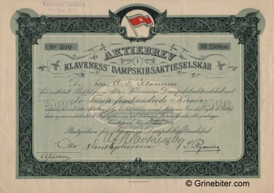 Klaveness D/S A/S Stock Certificate Aksjebrev