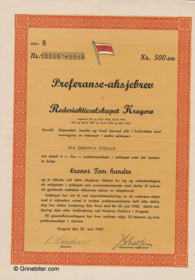 Kragerø Rederi PRF A/S Stock Certificate Aksjebrev