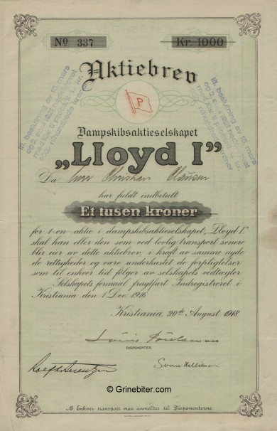 Lioyd I D/S A/S  Stock Certificate Aksjebrev