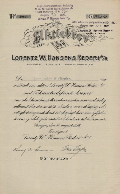 Lorentz W. Hansens Red. Stock Certificate Aksjebrev