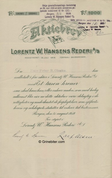 Lorentz W. Hansens Red. Stock Certificate Aksjebrev