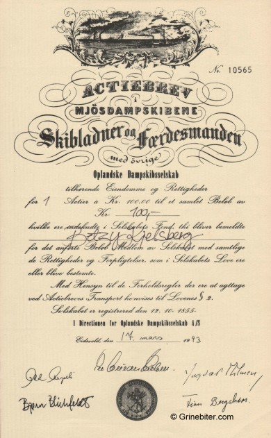 Mjösdampskibene  Skibladner og Færdesmanden Stock Certificate Aksjebrev