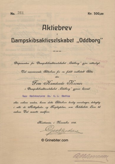 Oddborg D/S A/S Stock Certificate Aksjebrev