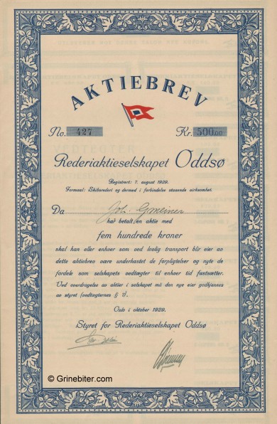 Oddsø Rederi A/S Stock Certificate Aksjebrev