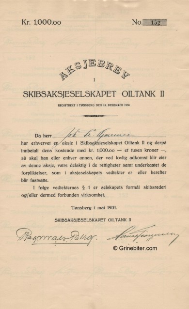 Oiltank II Skibs A/S Stock Certificate Aksjebrev