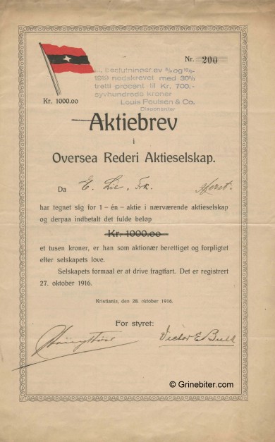 Oversea Rederi A/S Stock Certificate Aksjebrev