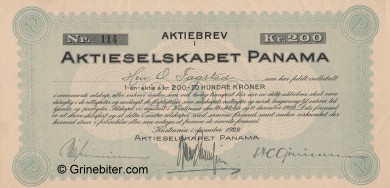 Panama A/S Stock Certificate Aksjebrev