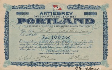 Portland Skibs A/S Stock Certificate Aksjebrev