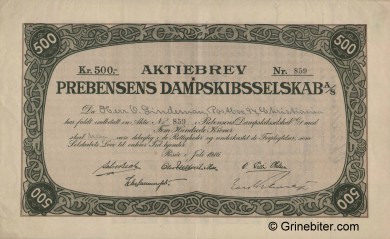 Prebensens D/S A/S Stock Certificate Aksjebrev