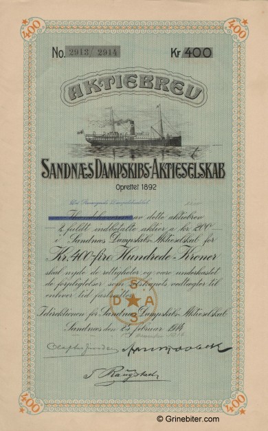 Sandnæs D/S A/S Stock Certificate Aksjebrev