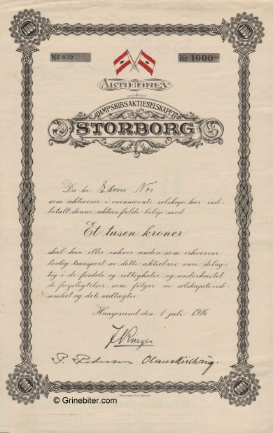 Storborg D/S A/S Stock Certificate Aksjebrev