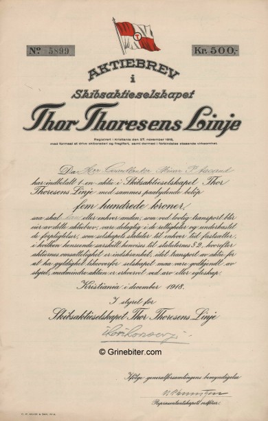 Thor Thoresens Linje A/S Stock Certificate Aksjebrev