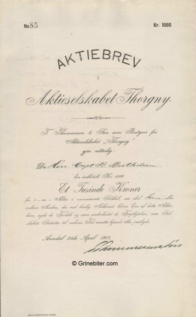 Thorgny A/S Stock Certificate Aksjebrev