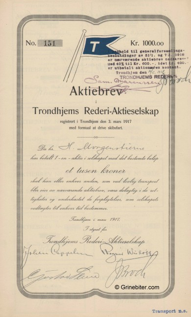 Trondhjems Rederi-A/S Stock Certificate Aksjebrev
