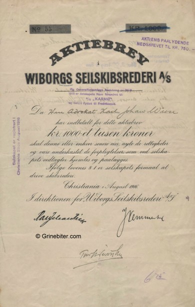 Wiborgs Seilskibsrederi Stock Certificate Aksjebrev