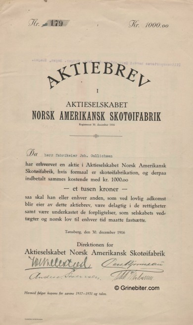 Norsk Amerikansk Skotifabrik Stock Certificate Aksjebrev