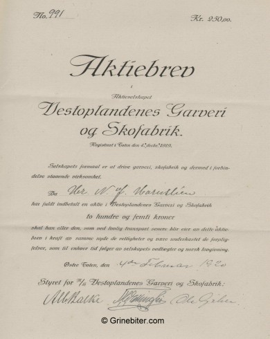 Vestoplandenes Garveri og Skofabrik Stock Certificate Aksjebrev