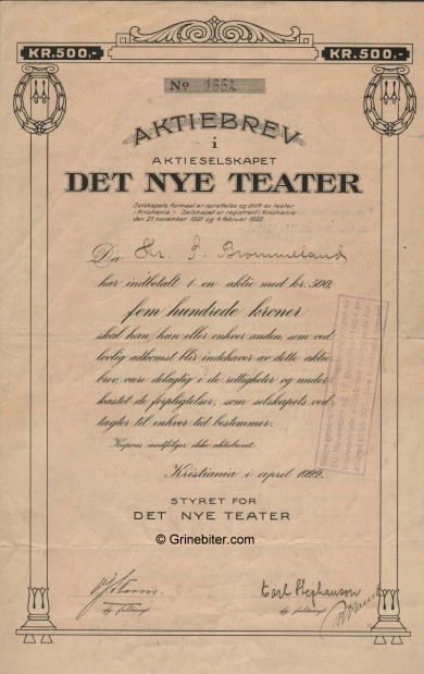 Det Nye Teater A/S Stock Certificate Aksjebrev