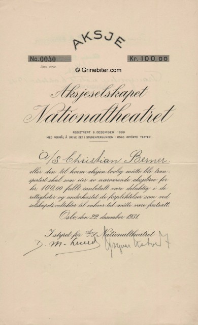 Nationaltheateret A/S Stock Certificate Aksjebrev