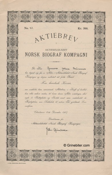 Norsk Biograf Kompagni Stock Certificate Aksjebrev