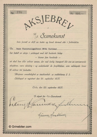 Scenekunst A/S Stock Certificate Aksjebrev