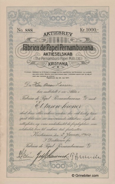 Fabrica De Papel Pernambucana Stock Certificate Aksjebrev