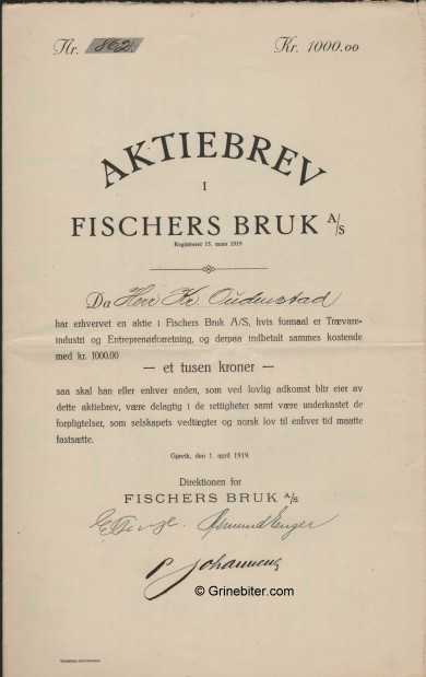 Fischers Bruk Stock Certificate Aksjebrev