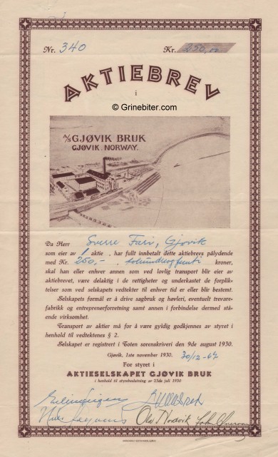 Gjvik Bruk A/S Stock Certificate Aksjebrev