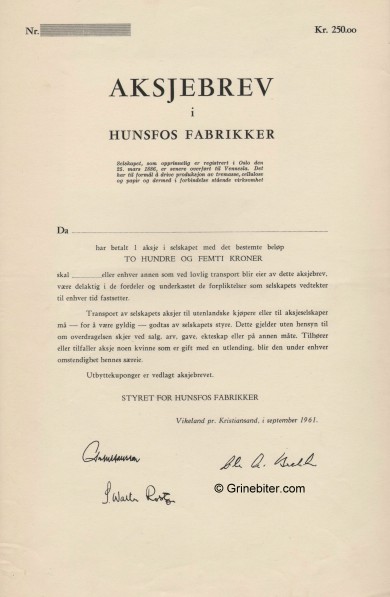 Hunfos Fabrikker Stock Certificate Aksjebrev