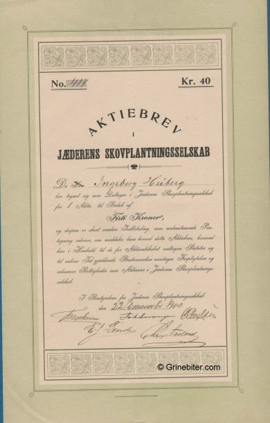 Jderens Skovplantningsselskab Stock Certificate Aksjebrev